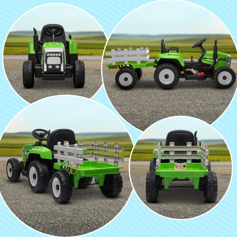 Ride-On 12V Tractor with Trailer for Kids with Remote Control, USB, LED Lights, Honking Horn, Single Seat - Green