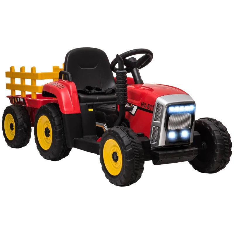 Ride-On 12V Tractor with Trailer for Kids with Remote Control, USB, LED Lights, Honking Horn, Single Seat - Red