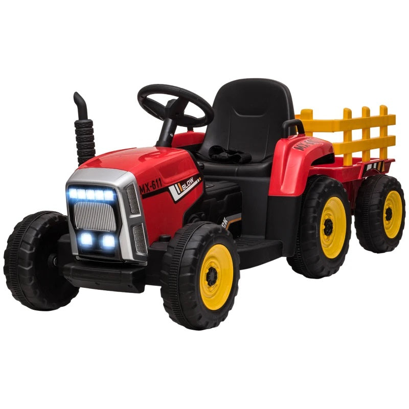 Ride-On 12V Tractor with Trailer for Kids with Remote Control, USB, LED Lights, Honking Horn, Single Seat - Red