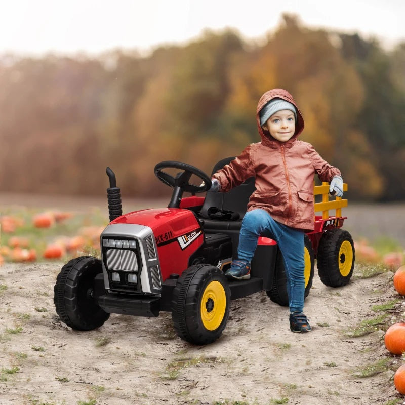 Ride-On 12V Tractor with Trailer for Kids with Remote Control, USB, LED Lights, Honking Horn, Single Seat - Red