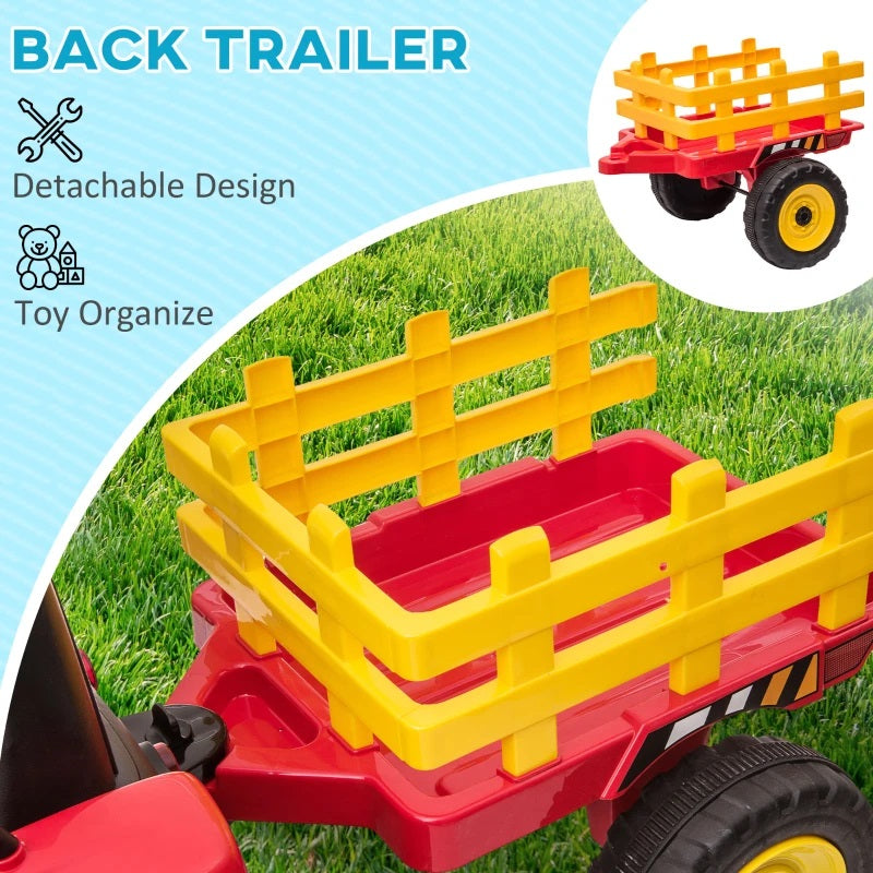 Ride-On 12V Tractor with Trailer for Kids with Remote Control, USB, LED Lights, Honking Horn, Single Seat - Red