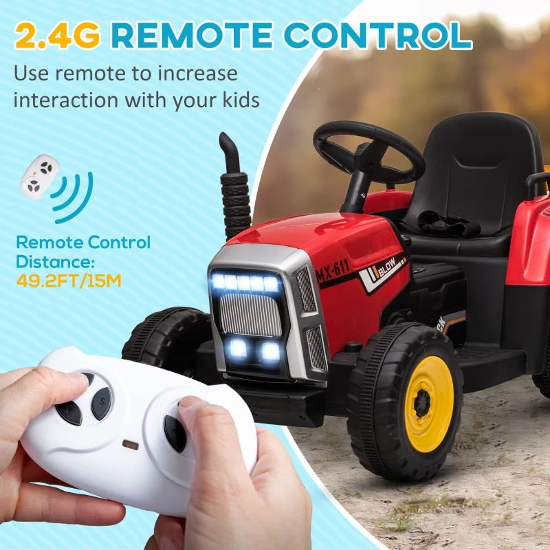 Ride-On 12V Tractor with Trailer for Kids with Remote Control, USB, LED Lights, Honking Horn, Single Seat - Red