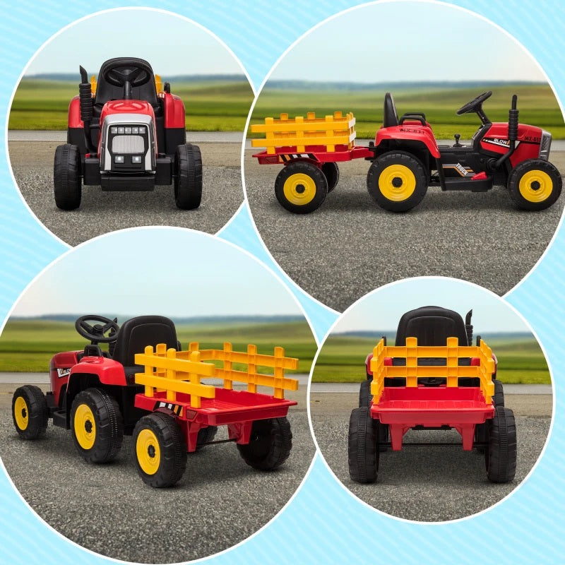 Ride-On 12V Tractor with Trailer for Kids with Remote Control, USB, LED Lights, Honking Horn, Single Seat - Red