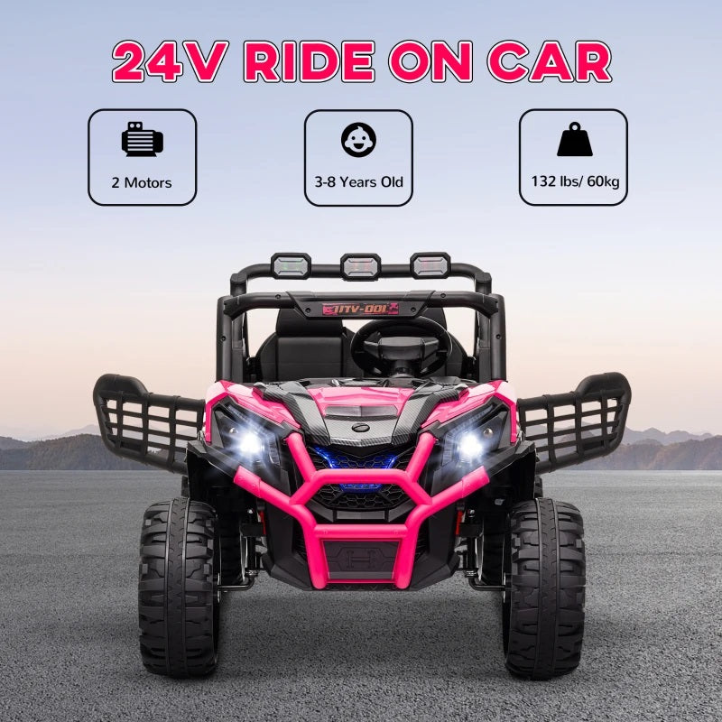 Ride-On 24V Electric 2-Seater UTV for Kids with Parental Remote, 3 Speeds, LED Lights and Music - Pink