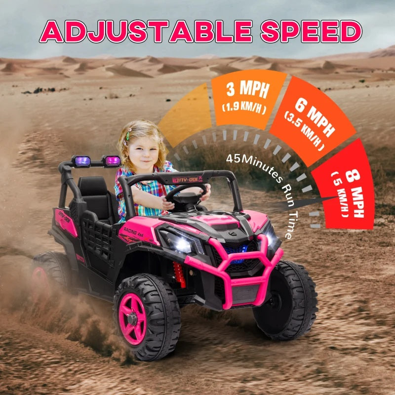 Ride-On 24V Electric 2-Seater UTV for Kids with Parental Remote, 3 Speeds, LED Lights and Music - Pink