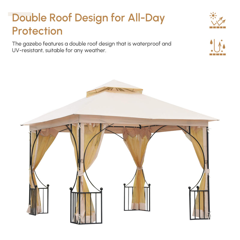 Canopies & Gazebos, Rose Haven 10' x 10' Outdoor Patio Gazebo with Mesh Wall Panels - Beige - Seasonal Overstock
