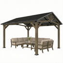 hard top wood gazebo with outdoor furniture on a white background