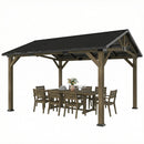 Wooden pergola with a dining set underneath on a white background