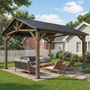 Wood gazebo with steel roof over outdoor furniture on a patio in a backyard setting.