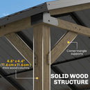 Hard top Gazebo Solid wood structure with corner triangle supports and thick wood columns, labeled for measurement and structural details.