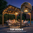 Family gathered under a wooden gazebo with string lights at night, featuring Top Hooks product.