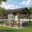 Wooden hard top gazebo with outdoor furniture on a sunny day