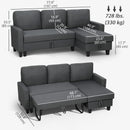 Gray sectional sofa with ottoman and measurements on a white background