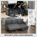 Gray sectional sofa with storage compartments, conversion process shown, and 'Effortless Conversion' text.