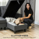 Woman organizing a gray ottoman with storage compartment in a living room.