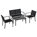 Black outdoor furniture set with a sofa, two chairs, and a table on a white background