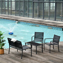 Black outdoor patio furniture set by a pool with a modern building in the background