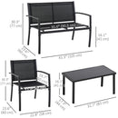 Black outdoor furniture set with dimensions labeled on a white background