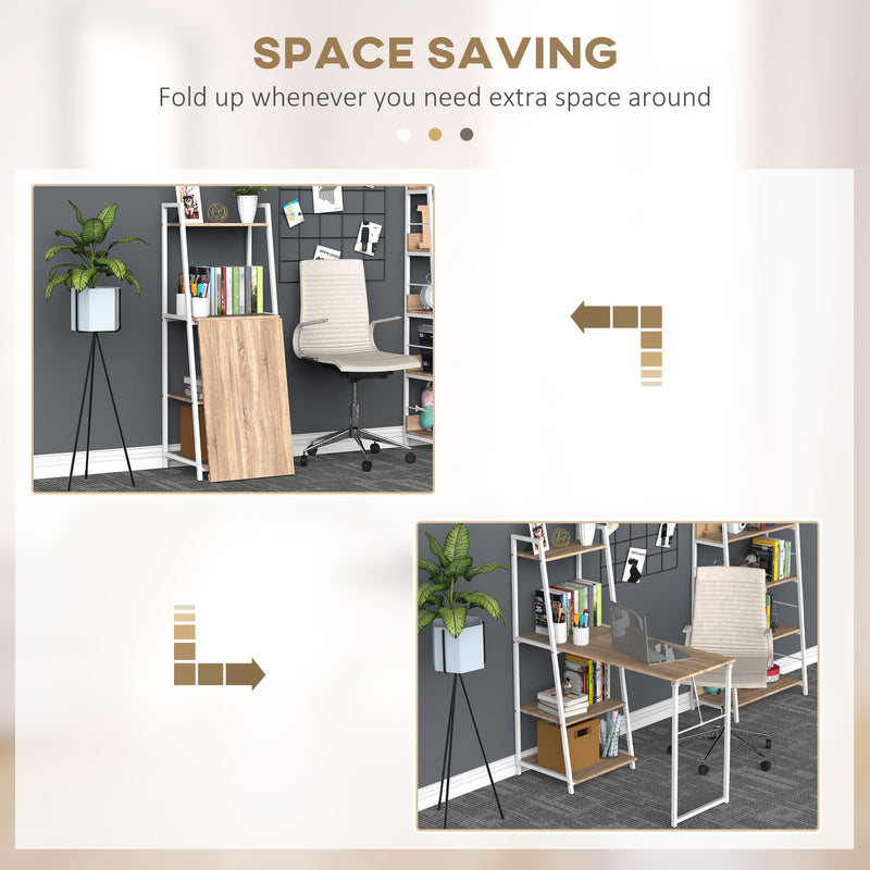 Space Saving Fold Out Desk Table Bookshelf - White and Natural