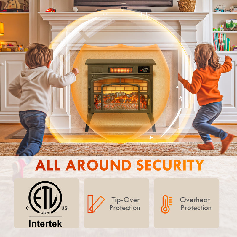 Stove Look Electric Fireplace with 1500W Infrared Heater with Realistic Flame, Black