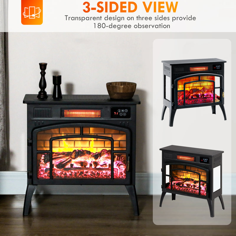 Stove Look Electric Fireplace with 1500W Infrared Heater with Realistic Flame, Black