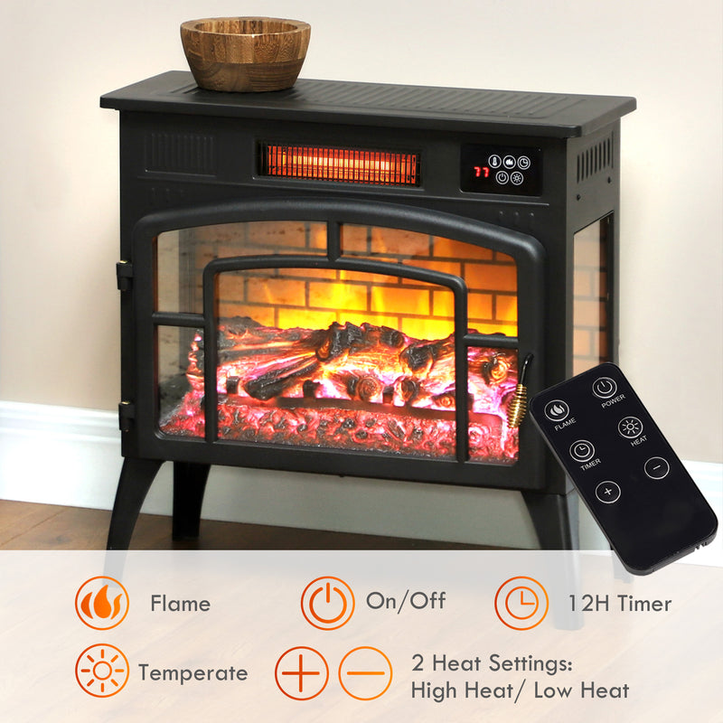 Stove Look Electric Fireplace with 1500W Infrared Heater with Realistic Flame, Black
