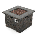 Square stone-patterned MGO propane fire pit table with a gray top on a white background