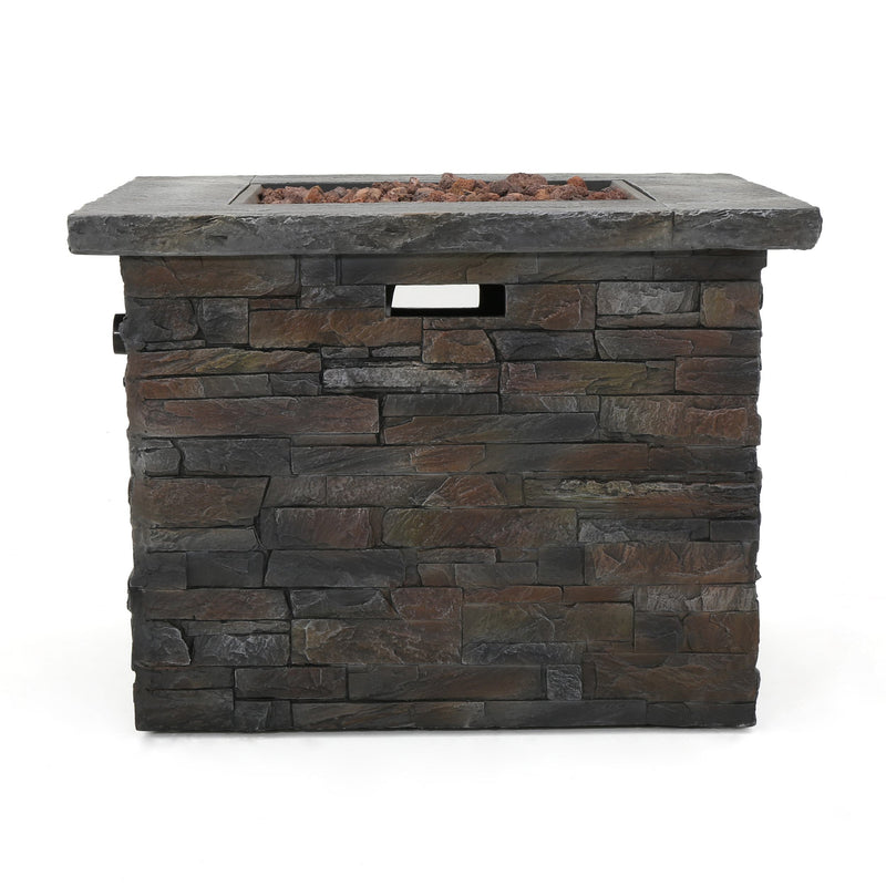 Stone-patterned MGO propane fire pit on a white background