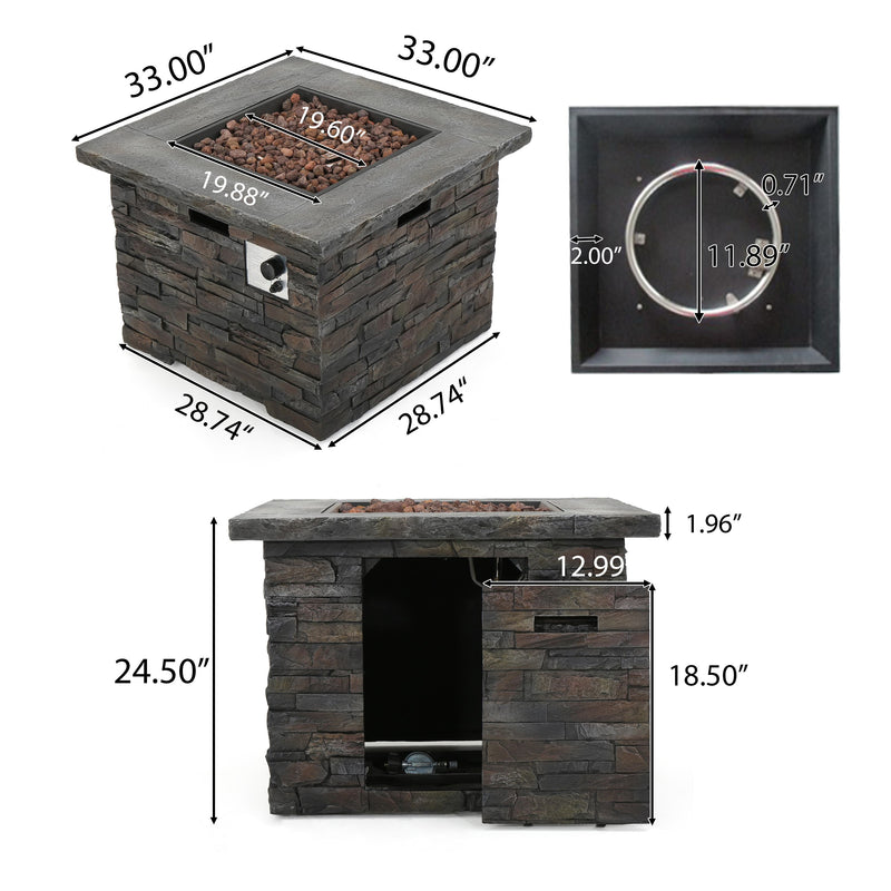 Outdoor fire pit table with dimensions and thermometer inset on a white background