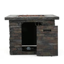 Outdoor stone MGO propane firepit with storage compartment for propane tank on a white background
