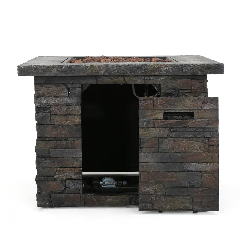 Outdoor stone MGO propane firepit with storage compartment for propane tank on a white background