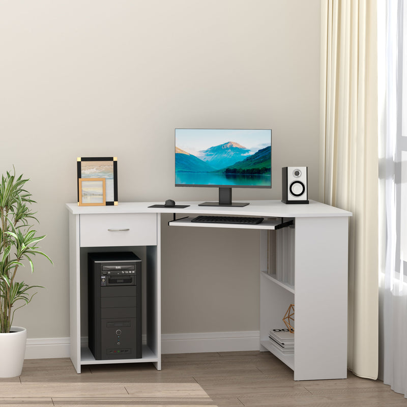 Troy 47" L-Shaped Corner Desk with CPU Stand, Shelves, Drawer and Slide-Out Keyboard