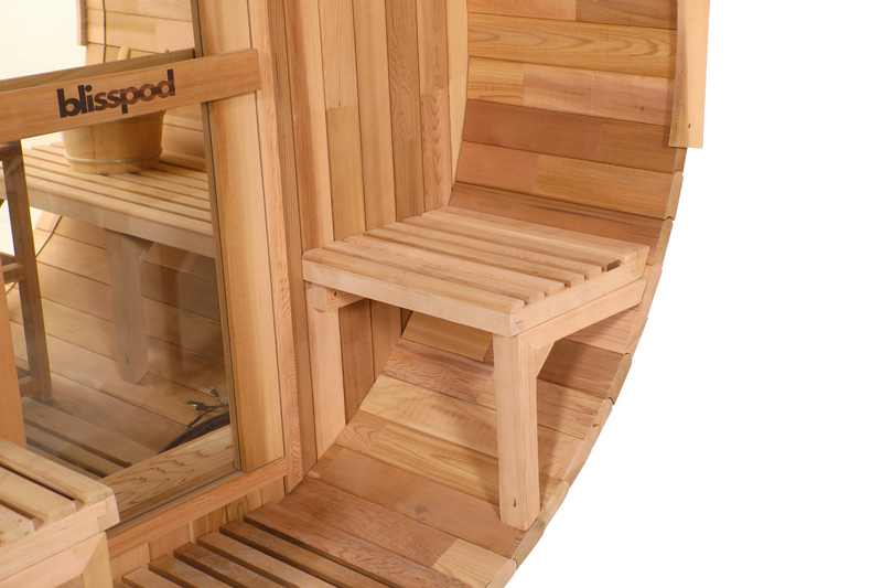 Blisspod, Prague, Canadian Red Cedar Outdoor Steam Barrel Sauna, 2-4 / 4-6 persons with Full Glass Back & 2 front Porch seats