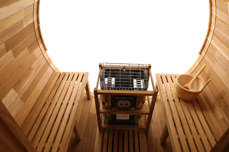 Blisspod, Prague, Canadian Red Cedar Outdoor Steam Barrel Sauna, 2-4 / 4-6 persons with Full Glass Back & 2 front Porch seats