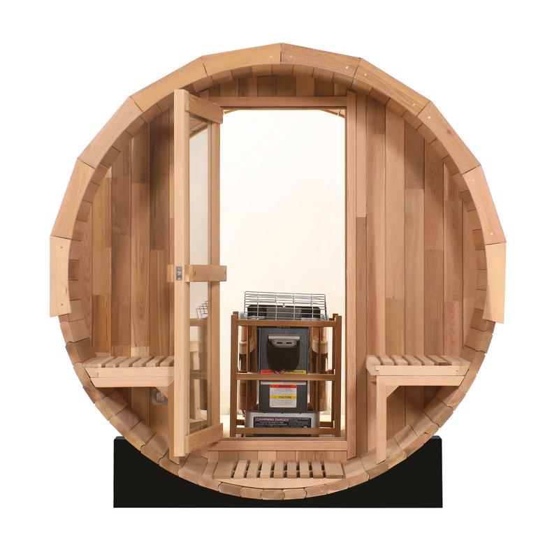 Blisspod, Prague, Canadian Red Cedar Outdoor Steam Barrel Sauna, 2-4 / 4-6 persons with Full Glass Back & 2 front Porch seats