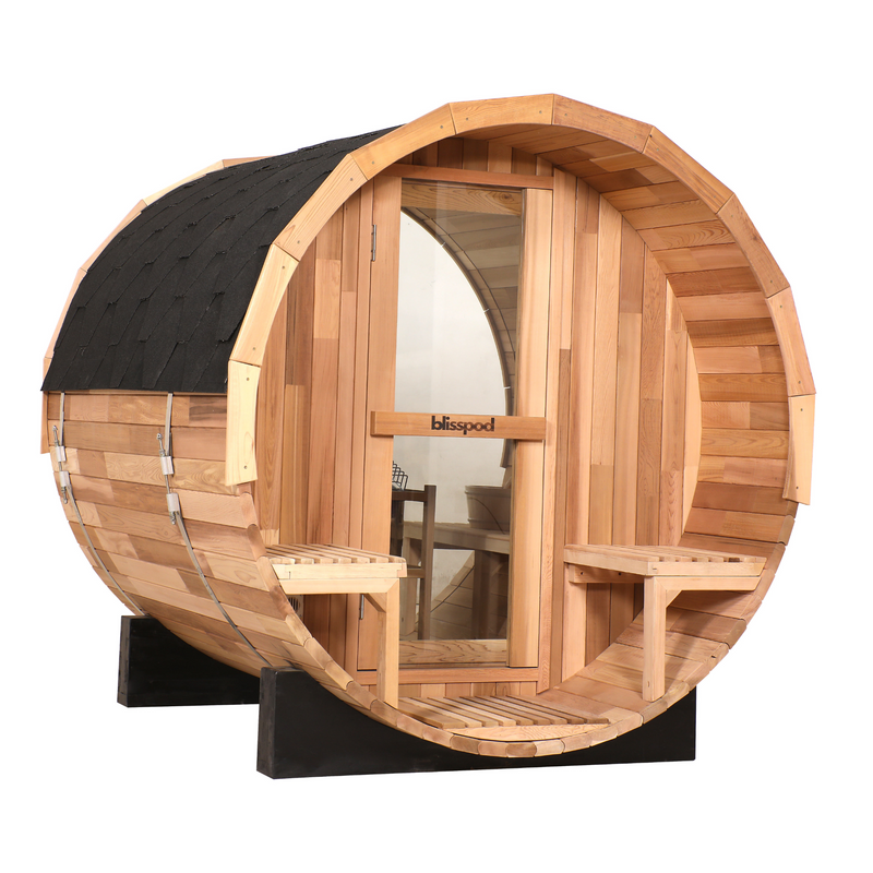 Blisspod, Prague, Canadian Red Cedar Outdoor Steam Barrel Sauna, 2-4 / 4-6 persons with Full Glass Back & 2 front Porch seats