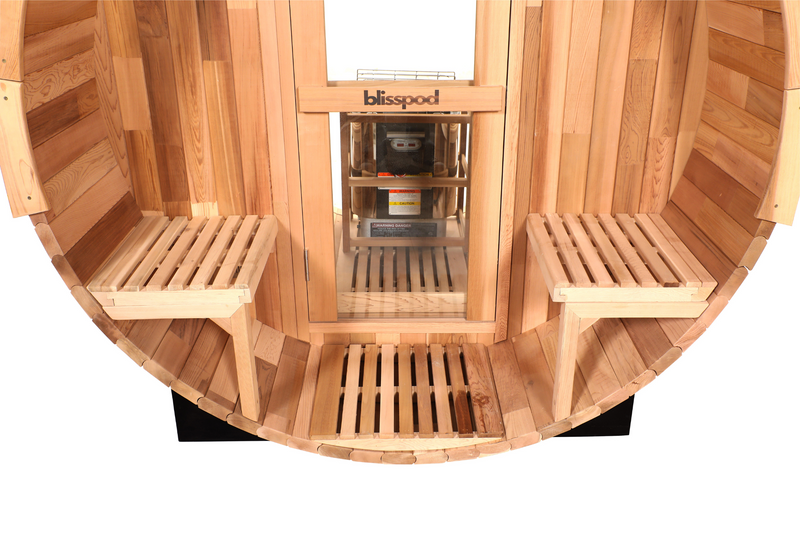 Blisspod, Prague, Canadian Red Cedar Outdoor Steam Barrel Sauna, 2-4 / 4-6 persons with Full Glass Back & 2 front Porch seats