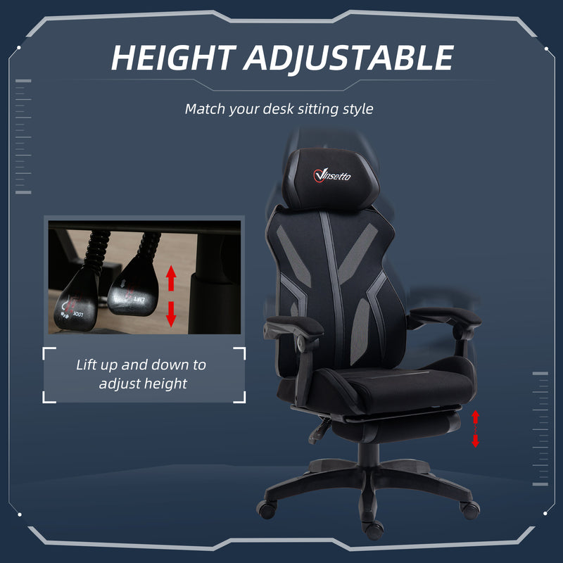 Vinsetto Gaming Chair, Ergonomic Computer Chair with Footrest, Headrest, Recliner Swivel Seat with Adjustable Height, Black