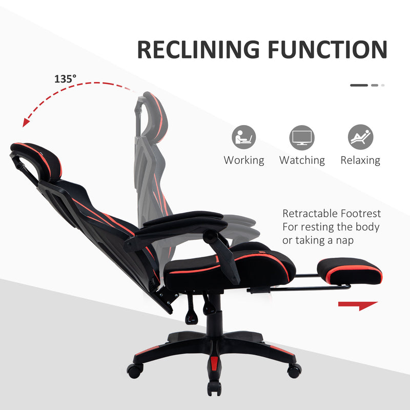 Vinsetto Gaming Chair, Ergonomic Computer Chair with Footrest, Headrest, Recliner Swivel Seat with Adjustable Height, Black & Red