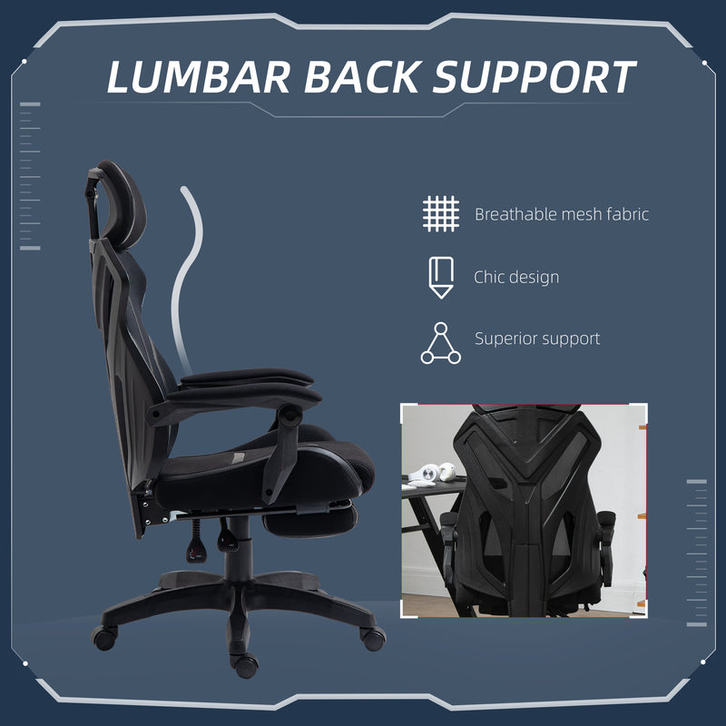 Vinsetto Gaming Chair, Ergonomic Computer Chair with Footrest, Headrest, Recliner Swivel Seat with Adjustable Height, Black