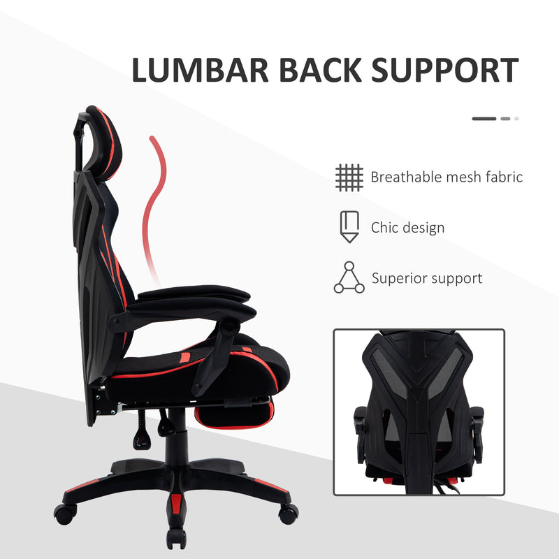 Vinsetto Gaming Chair, Ergonomic Computer Chair with Footrest, Headrest, Recliner Swivel Seat with Adjustable Height, Black & Red