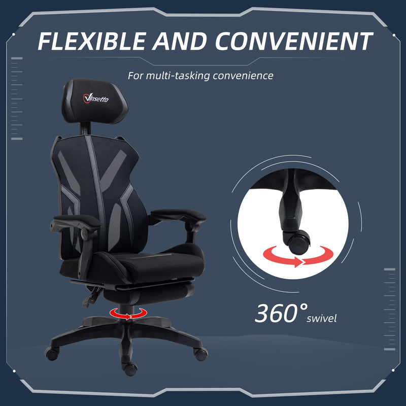 Vinsetto Gaming Chair, Ergonomic Computer Chair with Footrest, Headrest, Recliner Swivel Seat with Adjustable Height, Black