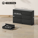 Black dresser with dimensions and weight capacity displayed on a wooden floor.