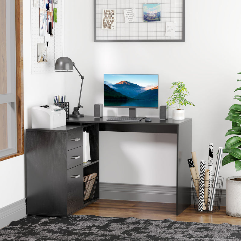 Wexley Hill Adjustable L-Shape Corner or Straight Home Office Desk with Shelf and Drawers - Black