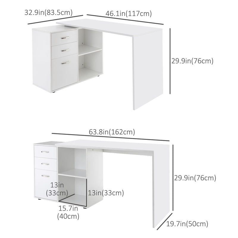 Wexley Hill Adjustable L-Shape Corner or Straight Home Office Desk with Shelf and Drawers - White