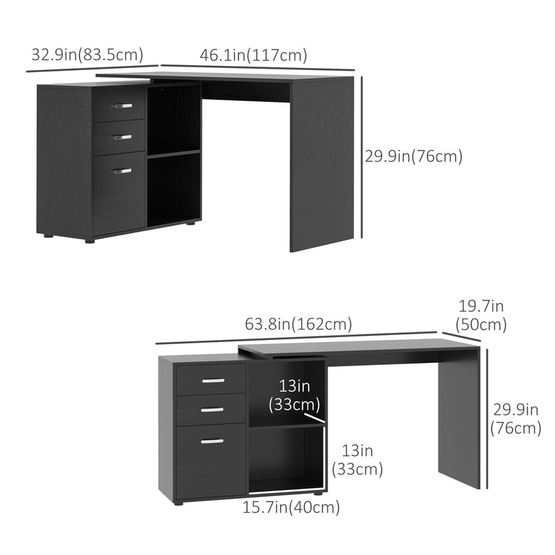 Wexley Hill Adjustable L-Shape Corner or Straight Home Office Desk with Shelf and Drawers - Black