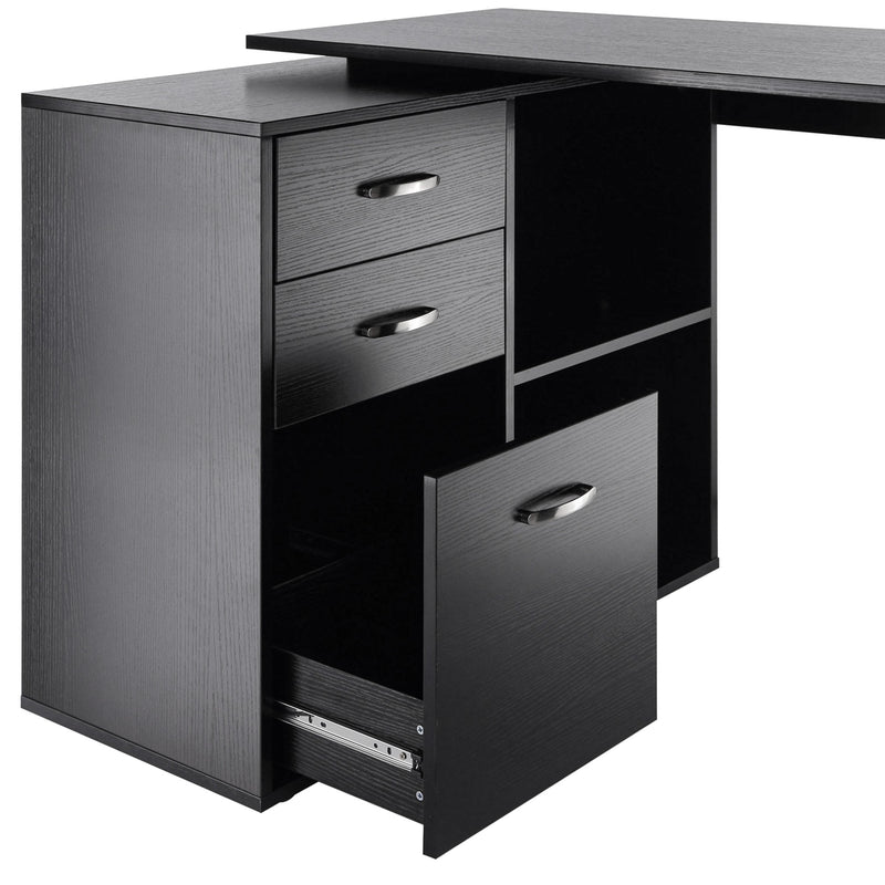 Wexley Hill Adjustable L-Shape Corner or Straight Home Office Desk with Shelf and Drawers - Black