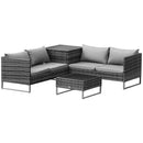 Outdoor rattan wicker corner sofa set set with gray cushions and a table on white background