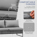 Gray outdoor sofa cushions with text highlighting comfort, water resistance, and removable covers.