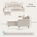 Measurement chart of a beige sectional sofa with dimensions and weight information.